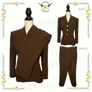 VTG Womens HIGH POINT New York Pants Suit Brown Size 6 Crystal Buttons Formal